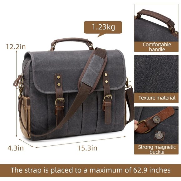 Men's Dark Grey Genuine Leather Canvas Water Resistant Satchel Shoulder Bag - Picture 8 of 13